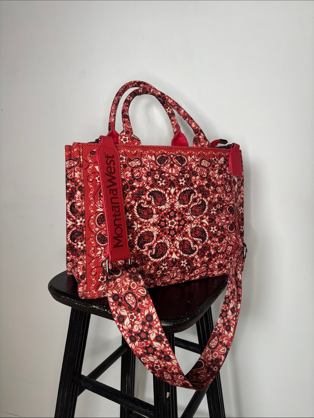 Montana West Red Floral Paisley Tote with Front Pocket and Rhinestones